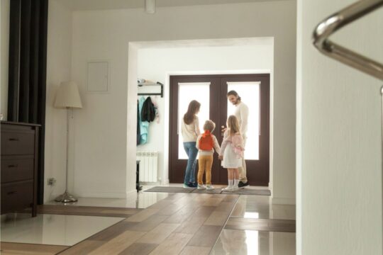family with two kids ready to go